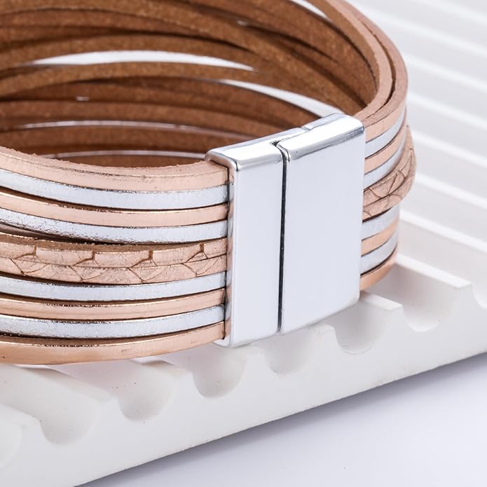 FANCY SHINY Boho Leather Wrap Bracelet Stackable Layered Bangle Cuff with Magnetic Clasp