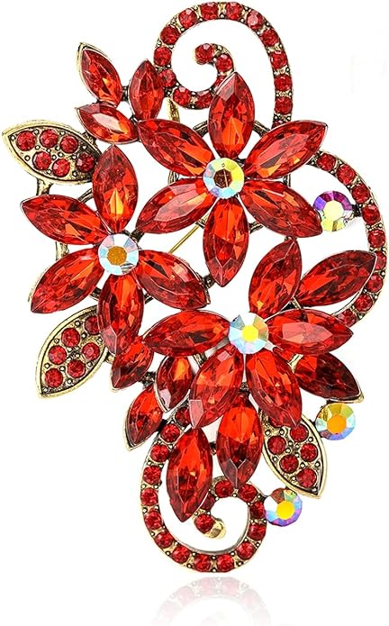 YOQUCOL Vintage Red Austrian Crystal Rhinestone Flower Shape Brooch Pin for Women