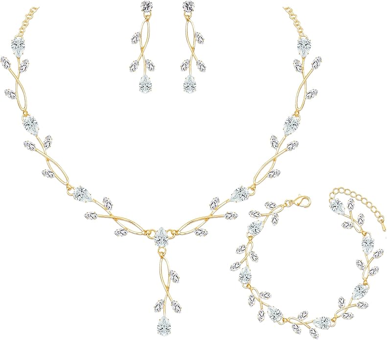 Elegant Bridal Jewelry Sets Clear Cubic Zirconia Wedding Necklace Earrings Bracelet Set for Birdes Bridesmaids CZ Prom Jewelry