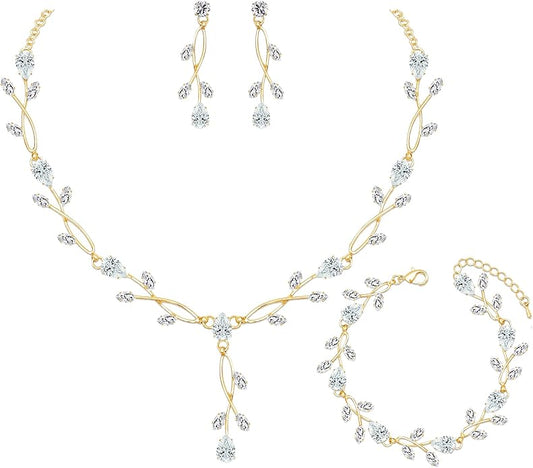 Elegant Bridal Jewelry Sets Clear Cubic Zirconia Wedding Necklace Earrings Bracelet Set for Birdes Bridesmaids CZ Prom Jewelry