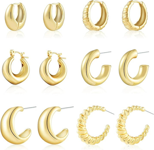 6 Pairs Gold Hoop Earrings for Women, 14K Gold Plated Lightweight Chunky Hoop Earrings Set Hypoallergenic, Thick Open Huggie Hoops Earrings Jewelry for Gifts.