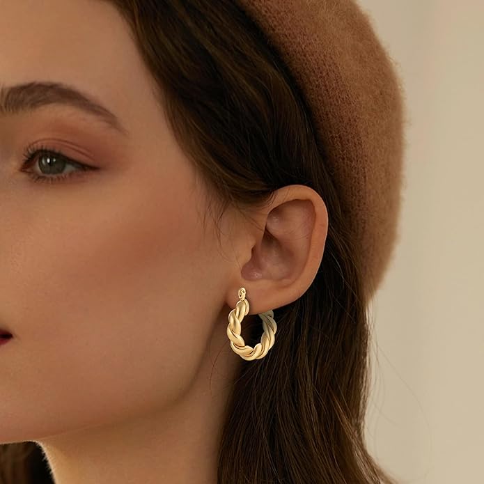 6 Pairs 14K Gold Plated Hoop Earrings for Women Trendy Chunky Lightweight Hoop Earrings Multipack Hypoallergenic, Thick Twisted Huggie Hoops Earring Set Jewelry for Gifts