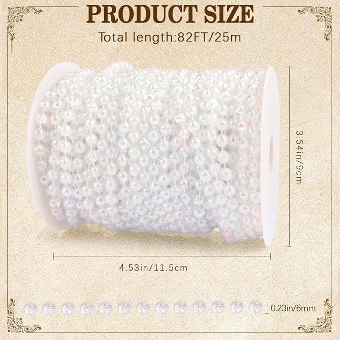 Pearl Beads Garland, 6mm String of Pearls, 82FT Pearl Garland for Christmas Tree, Christmas Faux Pearls Strand Roll for DIY Craft Xmas Wedding Party Supplies Flowers Decoration