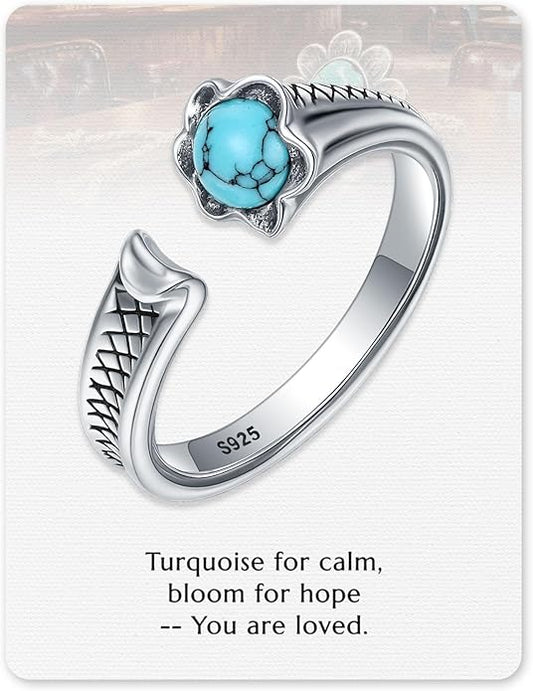 S925-Sterling-Silver Abalone Dragonfly-Turquoise Spoon Ring - Vintage Boho Sunflower Thumb Oxidized Wrap Rings Victorian Style Antique Floral Jewelry Gifts for Women
