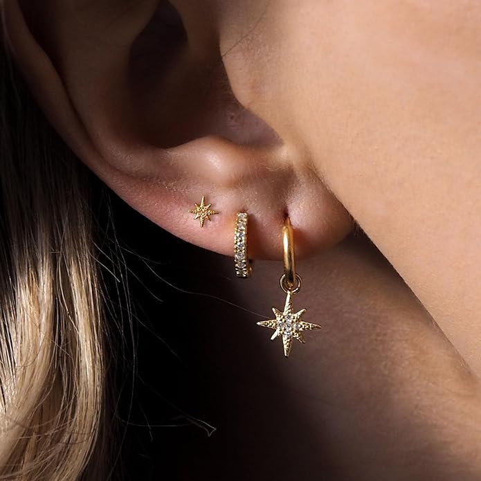 Gold Plated Earrings for Women, 14k Gold Plated Earring Stack Hypoallergenic Pearl Drop Earring Dainty Earrings for Women Trendy Cute Small Huggie Hoop Earring Fashion Womens Jewelry