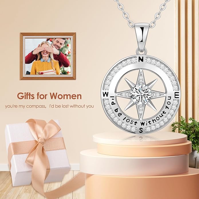 Zifeel Compass Necklace Gifts for Women wife - S925 Sterling Silver Birthstone Necklaces for Women - Anniversary Birthday Gifts for Her Wife Girlfriend - Valentines Mom Mothers Day Christmas Gifts Jewelry for Women