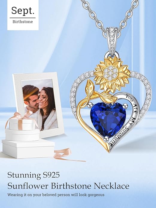 Zeuslia Double Birthstone Necklace Gifts for Wife - 925 Sterling Silver Sunflower/Rose/Crown Cross/Compass/Heart Pendant I Love You Necklace, Anniversary Birthday Gifts for Wife Girlfriend Mom Her