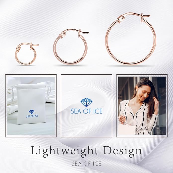 SEA OF ICE 925 Sterling Silver Hoop Earrings for Women - Hypoallergenic Earrings for Women in Sterling Silver, Yellow Gold, Rose Gold or Black Rhodium | Sizes 12MM, 15MM, 20MM or Multipack
