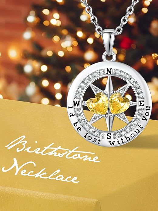 Compass Birthstones Necklace for Women, Exquisite Anniversary Birthday Gifts for Wife Her Double Birthstone Pendant jewelry ‘I'd be Lost Without You’