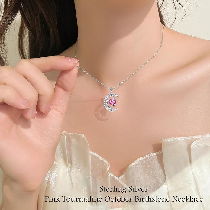 TOUPOP Moon and Star Birthstone Necklace for Women 925 Sterling Silver Celtic Moon Jewelry Birthday Christmas Gifts for Her Girlfriend