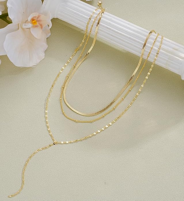 iF YOU Lariat Gold Long Necklaces for Women Trendy, Dainty 14K Gold Plated Drop Chain Necklace, Layered Rosary Beaded Y Necklaces Simple Fashion Jewelry Gifts