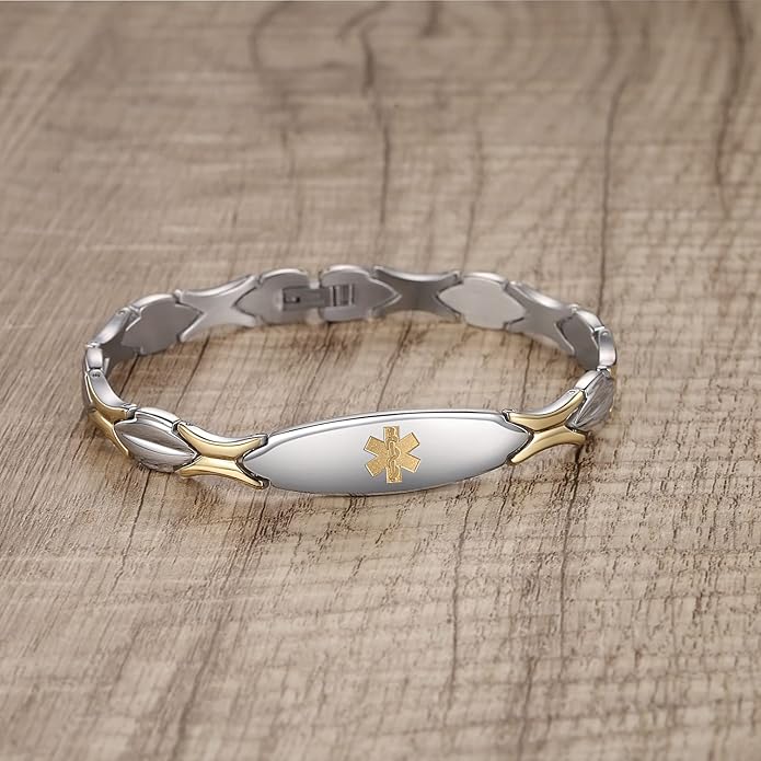 LinnaLove Fashion Shiny medical alert bracelet with Free Engraving Stainless steel Medical id bracelet for Women