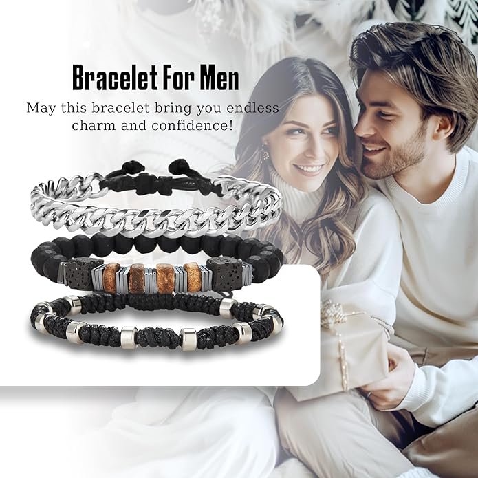 3pc Mens Beaded Bracelets Silver Stainless Steel Chain Bracelet for Men Handmade Braided Bracelet Sets Jewelry Gifts for Men