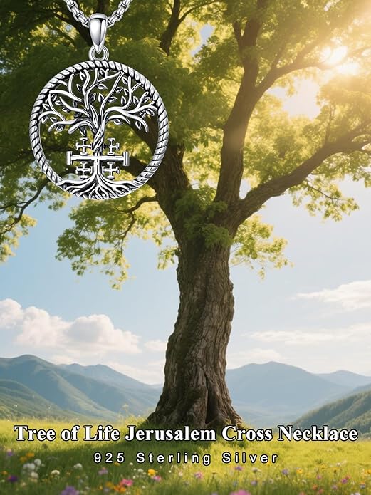 Dorunmo Christmas Gift Tree of Life Jerusalem Cross Necklace 925 Sterling Silver Vintage Celtic Tree Pendant Necklaces for Women Men Christian Faith Jewelry Spiritual Protection Amulet Xmas Jewelry Stocking Stuffers