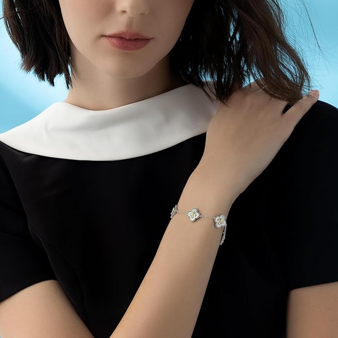 Fydesta 18K Gold Plated Clover Bracelet, Mother of Pearl Four Leaf Flower Bracelet for Women, 6.9" + 2" Adjustable Bracelet, Cross Motif, Gold or Silver Tone