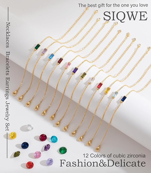 Birthstone 14K Gold Plated Bracelets Earrings Necklaces Jewelry Set， Blue Green May Cubic Zirconia，Friendship Bracelets Jewelry Gifts for Mom Best Friend Birthday
