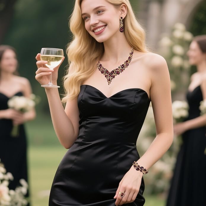 BriLove Wedding Bridal Jewelery for Women Austrian Crystal Teardrop Cluster Statement Necklace Dangle Earrings Link Bracelet Set