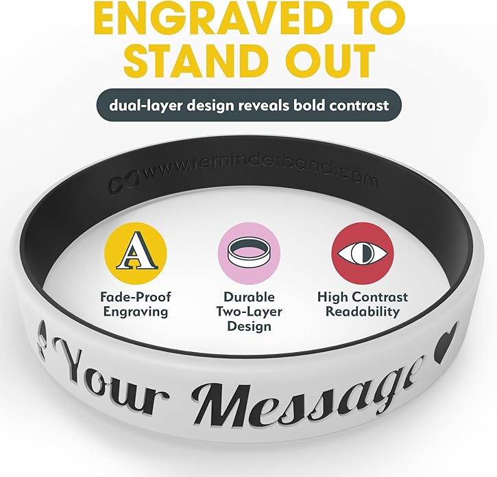 Reminderband Custom 100% Silicone Luxe Wristbands – Personalized Motivational Bracelets, Bulk Rubber Bands for Events, Fundraisers, Awareness, Gifts - Hypoallergenic Bands