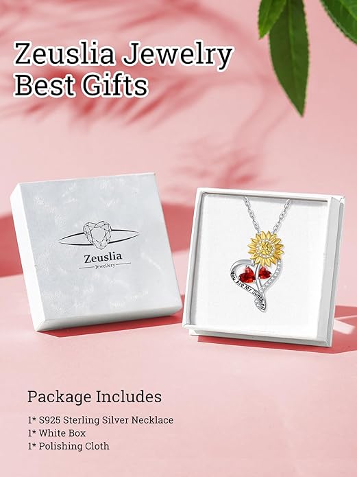 Zeuslia Double Birthstone Necklace Gifts for Wife - 925 Sterling Silver Sunflower/Rose/Crown Cross/Compass/Heart Pendant I Love You Necklace, Anniversary Birthday Gifts for Wife Girlfriend Mom Her