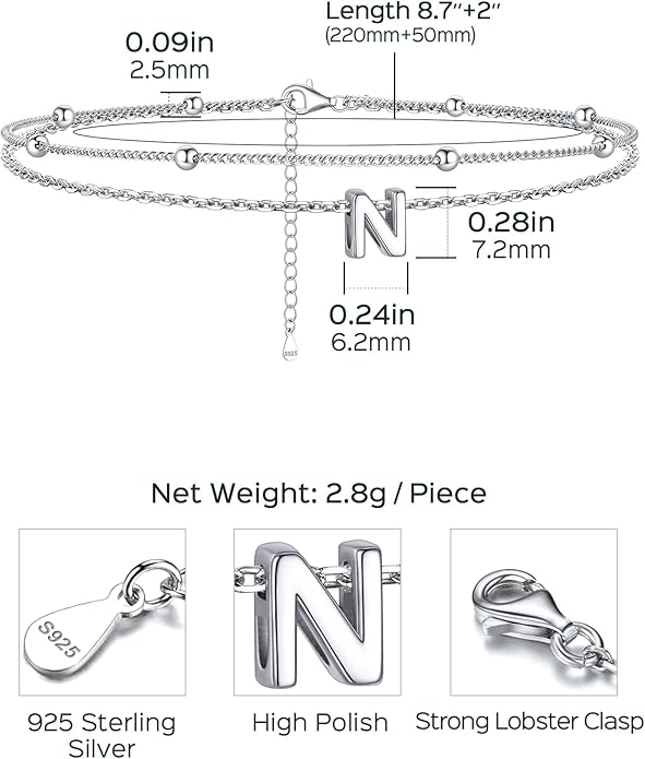 ChicSilver Ankle Bracelets for Women Waterproof, 925 Sterling Silver Initial Anklets for Women, Adjustable Dainty Layered Anklet Beach Jewelry for Women Mom Wife Friend