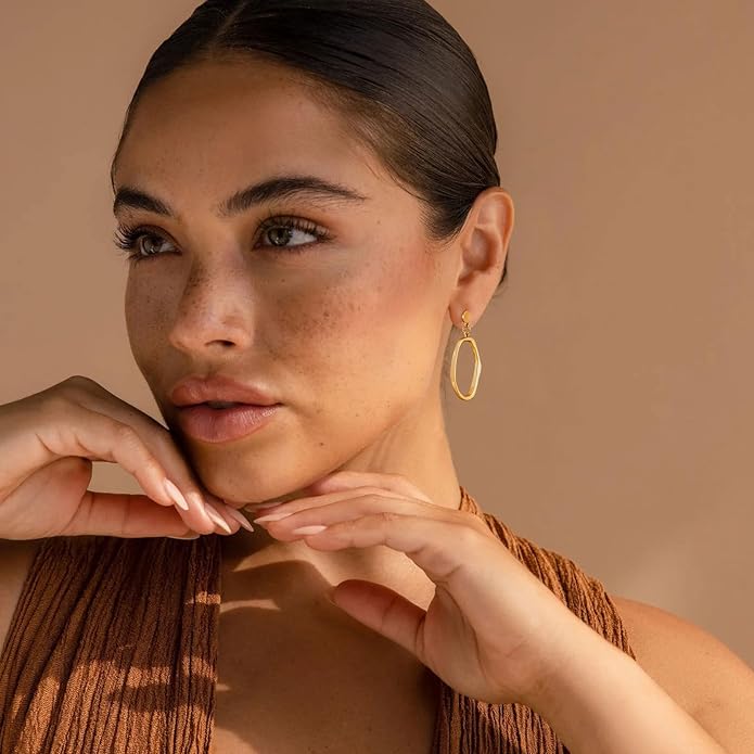 Stud Earrings for Women 14k Gold Plated Geometric Dangle Earrings Lightweight Minimalist Handmade Hammered Texture Oval Disc Drop Double-layer Big Hoop Dangle Earrings for Women