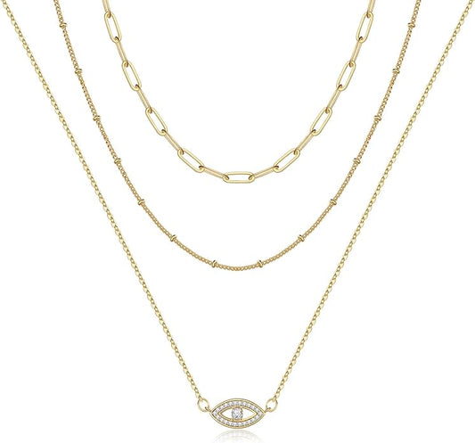 Turandoss Dainty Layered Choker Necklace, Handmade Y Pendant Necklace Multilayer Bar Disc Necklace Adjustable Layering Choker Necklaces for Women