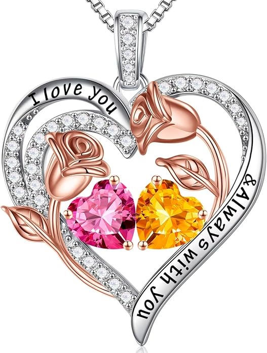 Iefil Birthstone Necklace for Women - 925 Sterling Silver Rose Heart Birthstone Necklace Birthday Anniversary Jewelry Gifts for Her Wife Mom Daughter