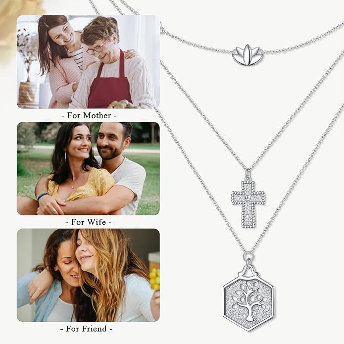 Layered Necklaces for Women 925 Sterling Silver Cross Triple Long Chain Pendant Necklace Lotus Tree of Life Pendant Necklace for Women Jewelry