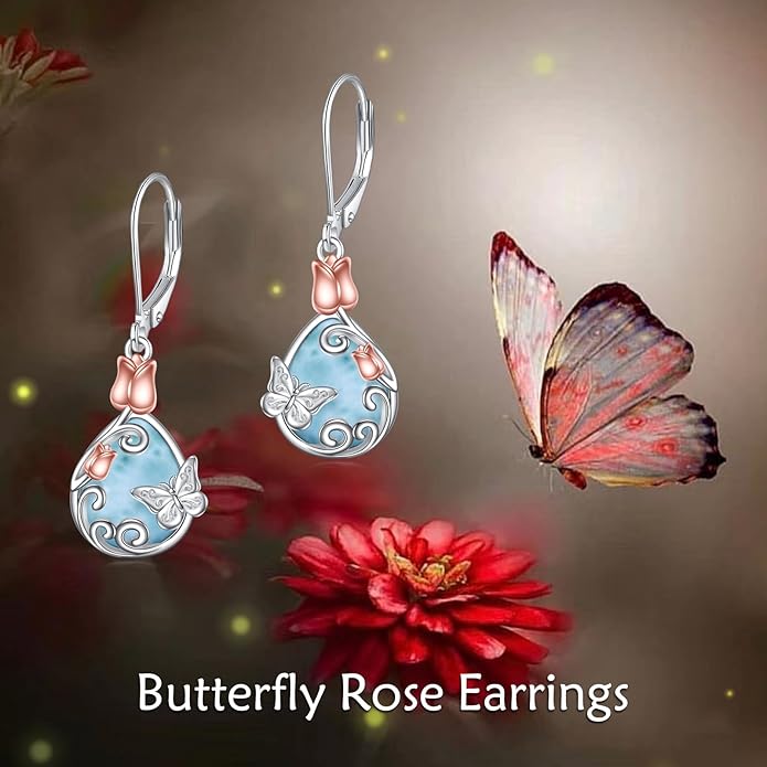 AOBOCO Butterfly/Dragonfly/Bee/Ladybug Leverback Earrings 925 Sterling Silver Rose Lotus Tulip Flower Filigree Dangle Earrings Teardrop Moonstone Larimar Turquoise Abalone Shell Jewelry Birthday Gifts for Women