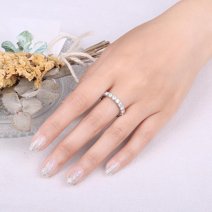 JewelryPalace 6 Stone Cubic Zirconia Half Eternity Stackable Wedding Rings for Women, 14K White Yellow Rose Gold Plated 925 Sterling Silver Promise Rings for Her, Simulated Diamond Wedding Band Ring