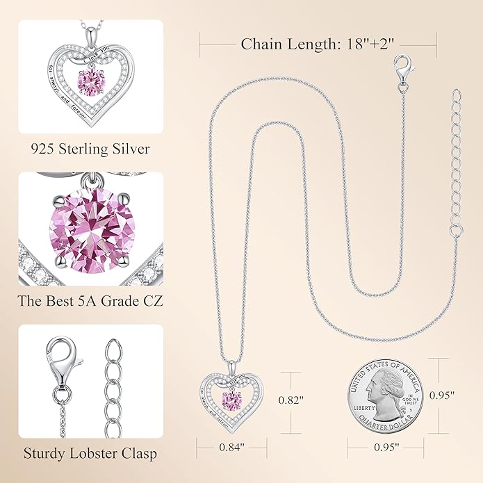 G&GEMSJEW Infinity Heart Birthstone Necklaces for Women, 925 Sterling Silver Jewelry, Pendant Heart Necklaces Birthday Anniversary Christmas Gift for Women Wife Mom Girlfriend Lady