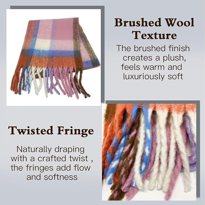 SHOHOKU Large Chunky Plaid Scarf Coloured Checked Oversized Scarf Tassel Soft Fall Winter Thick Warm Shawl Women