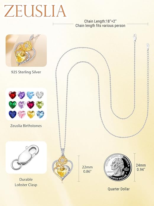 Zeuslia Double Birthstone Necklace Gifts for Wife - 925 Sterling Silver Sunflower/Rose/Crown Cross/Compass/Heart Pendant I Love You Necklace, Anniversary Birthday Gifts for Wife Girlfriend Mom Her