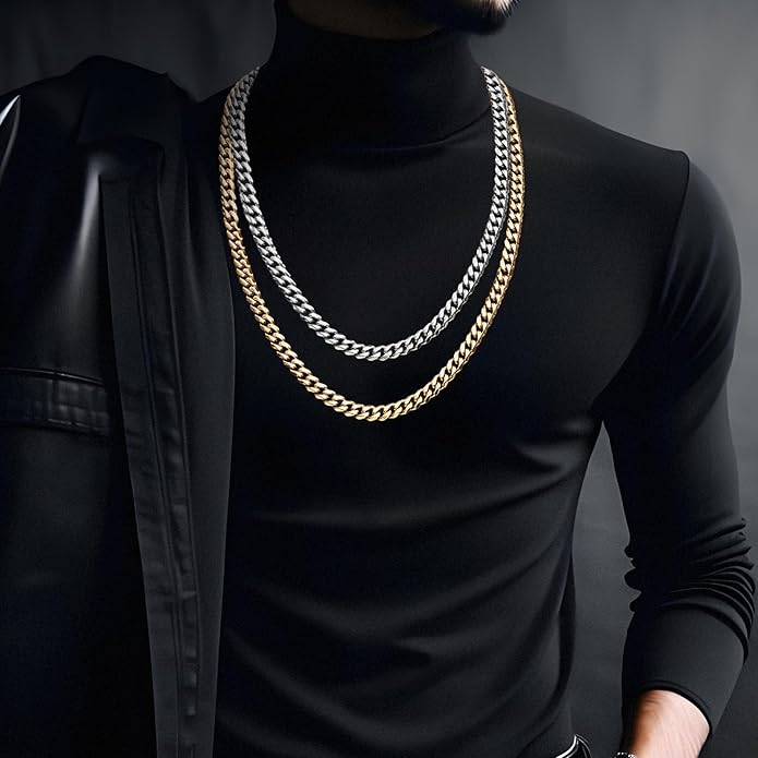 waitrose 7mm Silver Chain for Men Miami Cuban Link Mens Chain,925 Sterling Silver/14K Gold Plated and 316L Stainless Steel Silver/Gold Chains for Men Necklace