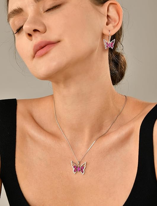 YL Women's Butterfly Necklace 925 Sterling Silver Flower Rose Pendant Birthstone Halo Jewelry
