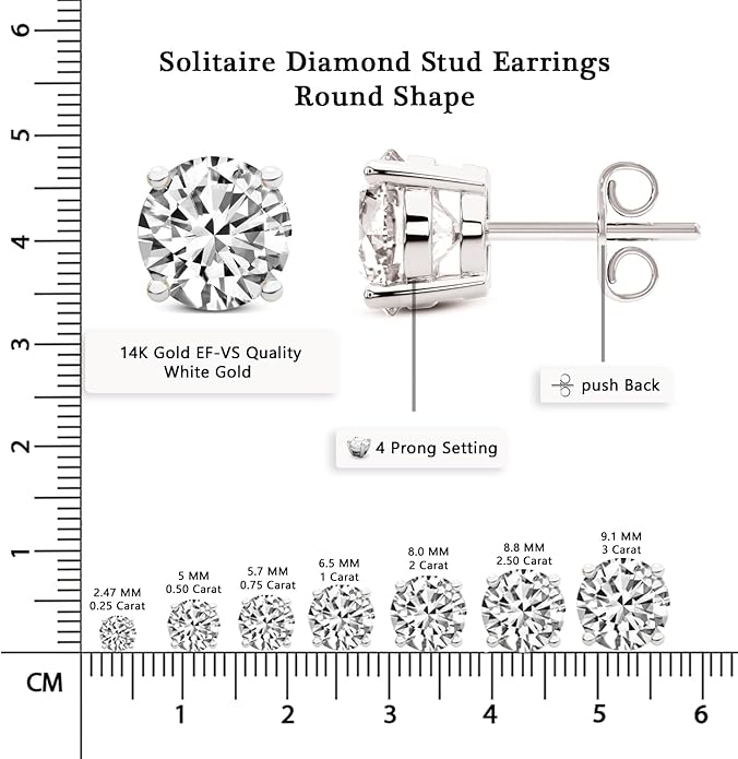 Tanache Round 0.50-6 Carat Lab Grown Diamond Earrings for Women | 14K Gold Or Platinum EF-VS Clarity IGI Certified | 4 Prong Push Back Studs | Ultra Premium Collection or Bridal Jewelry Gift