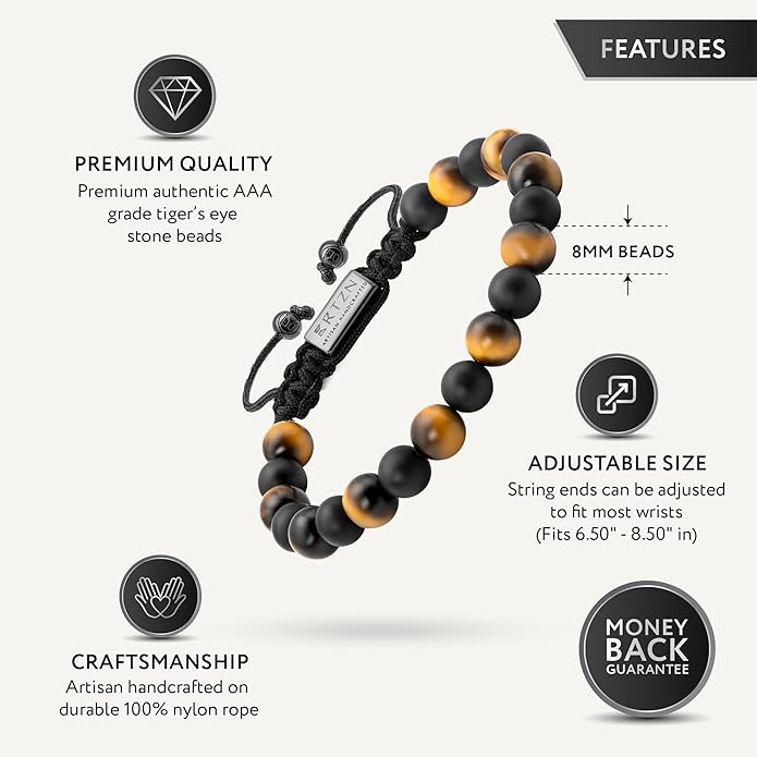 RTZN® Tigers Eye Bracelet for Men – Premium Artisan Handcrafted Golden Brown Tiger Eye Bead Bracelets – Natural Stone Tiger Eye Bracelet Men – Beaded Bracelets for Men