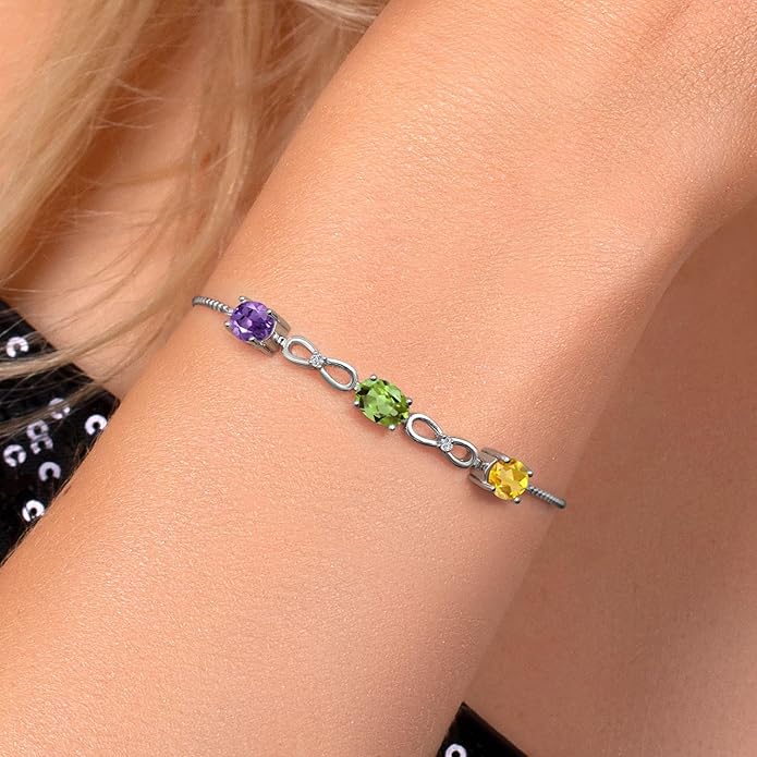 Gem Stone King 925 Sterling Silver Customized and Personalized 3 Gemstone Birthstone and White Lab Grown Diamond Tennis Infinity Bracelet For Women (2.27 Cttw, Adjustable up to 9 Inches)
