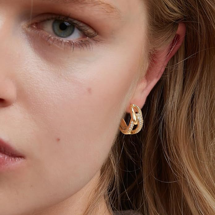 Gold Huggie Hoop Earrings 14K Gold Plated Dainty Chunky Thick Hoop Diamond Cubic Zriconia Inlay Sleeper Tiny Delicate Boho Beach Simple Hypoallergenic Jewelry Gift for Her