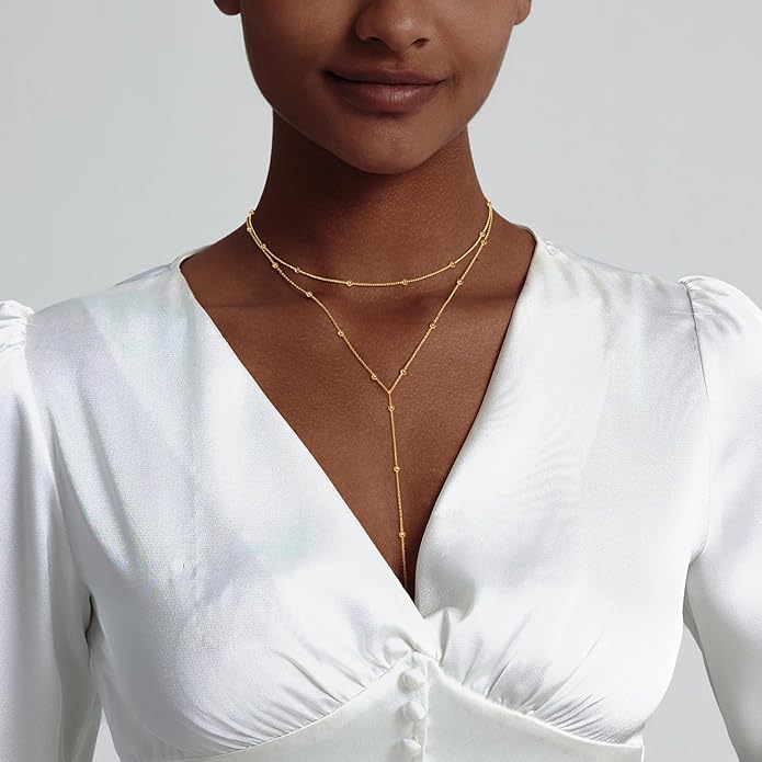 Luxval Lariat Silver Necklace for Women, Dainty Long Necklace Silver Y-Shaped Pendant Necklaces Trendy Beaded Chain Drop Necklaces Jewelry for Women Gifts