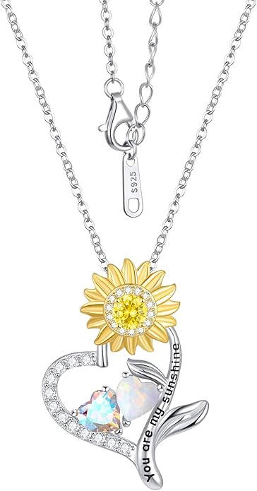 PERJI Valentine's Day Gifts for Women - 925 Sterling Silver Double Birthstone Sunflower Necklace, Anniversary Birthday Jewelry You are My Sunshine Gifts for Wife Couple Girlfriend 18"+2" Non Tarnish