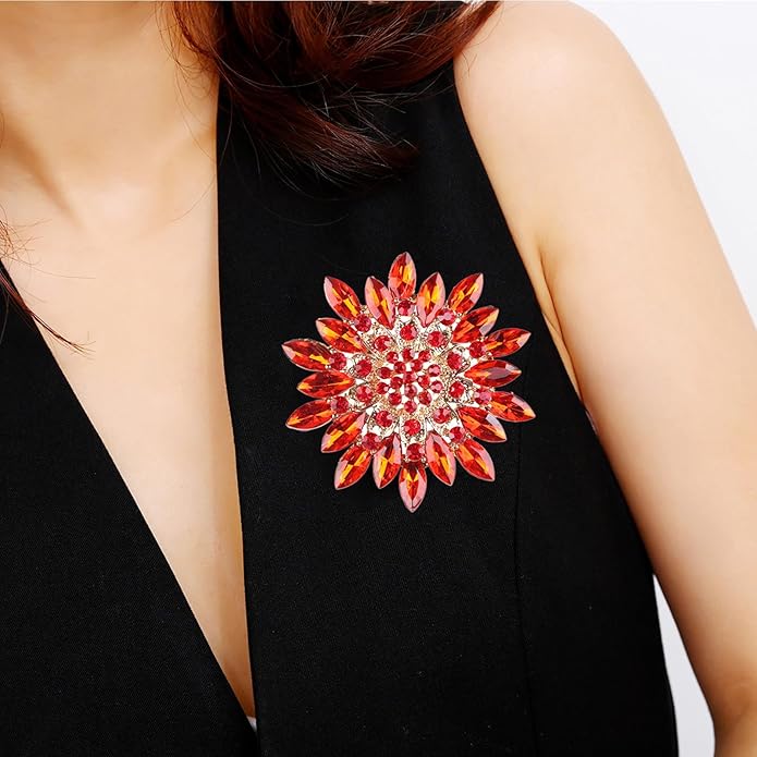 Rhinestone Sunflower Brooch Pin Red Pink Flower Brooch Stylish Crystal Brooch Elegant Clothing Hat Bag Accessories Jewerly for Women