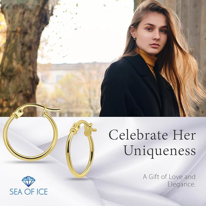 SEA OF ICE 925 Sterling Silver Hoop Earrings for Women - Hypoallergenic Earrings for Women in Sterling Silver, Yellow Gold, Rose Gold or Black Rhodium | Sizes 12MM, 15MM, 20MM or Multipack