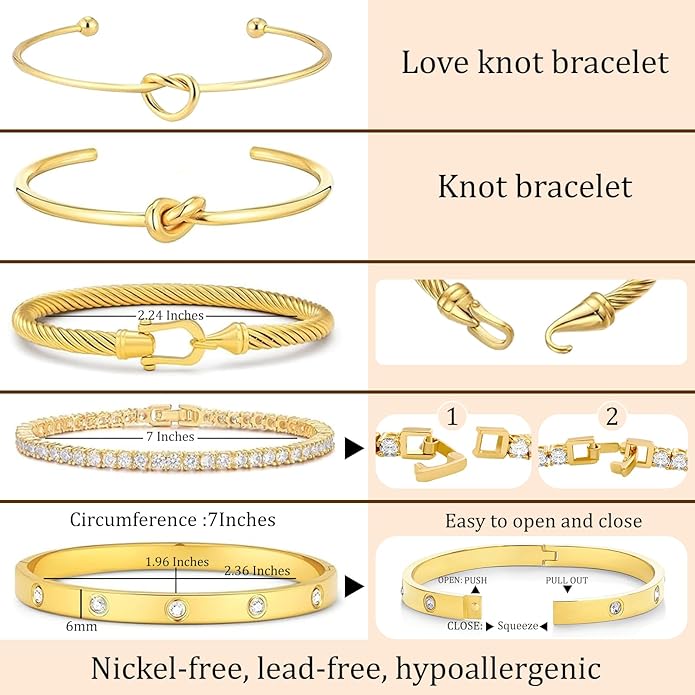 FAFUGA 18 K Gold Plated Love Bangle Bracelet Stack Cuff Jewelry for Women Jewelry Set for Women Gift with Box