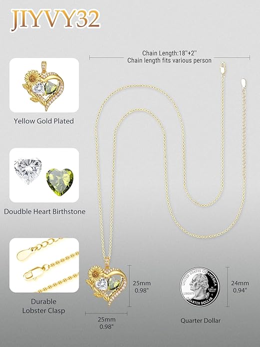 Sunflower Heart Necklace for Women 14K Gold Exquisite Anniversary Birthday Gifts for Wife Mother Her Double Birthstone Pendant jewelry‘You Are My Sunshine’