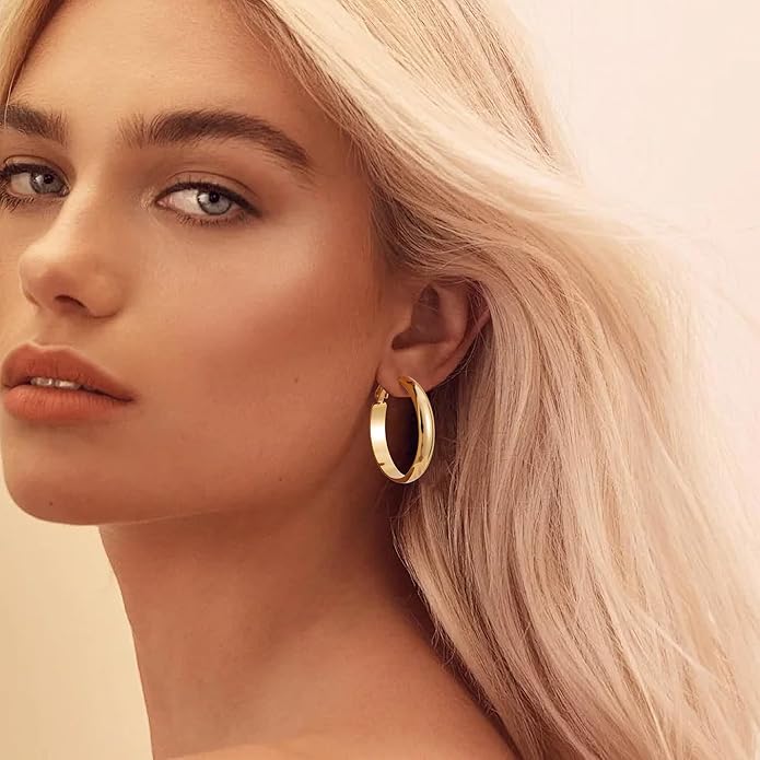Gacimy 14K Gold Plated Hoop Earrings for Women, 14k Real Gold Plated with 925 Sterling Silver Post, Hypoallergenic Lightweight Thick Hoops Earrings for Women Trendy