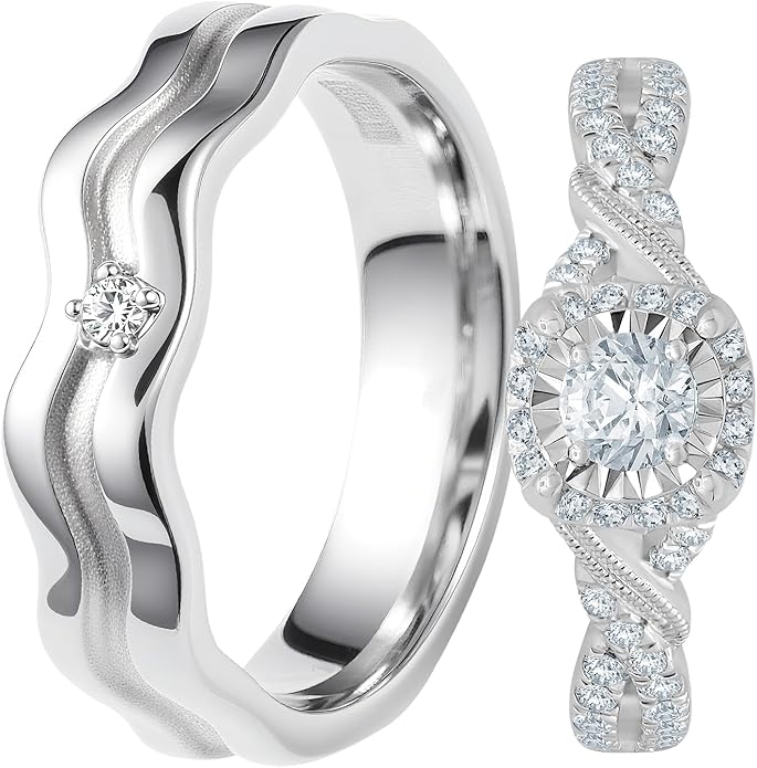 Rikelus Moissanite Engagement Ring Sets for Couples,10K 14K 18K Solid Gold Heart/Princess/Round Cut Bridal Ring Sets,Customized Matching Wedding Bands Set for Men and Women Free Engraving