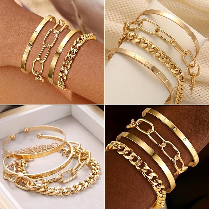 IFNODO 28pcs Gold Chain Bracelets Set for Women 14K Gold Plated Multiple Layered Bangle Adjustable Link Bracelet Anklet Fashion Accessories Jewelry Gift