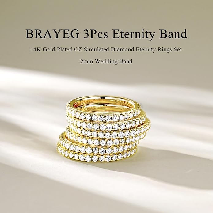 14K Gold Plated CZ Simulated Diamond Eternity Band Rings Set of 3,Thin Stackable Rings for Women,2mm Fashion Gold Stacking Bands for Daily Wear,Promise,Wedding, jewelry Gift for Wife Girlfriend
