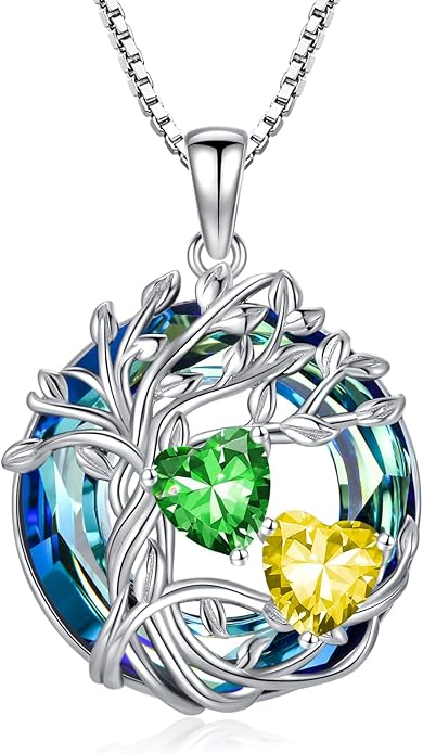 TOUPOP s925 Sterling Silver Family Celtic Tree of Life Pendant Necklaces with 2 Heart Birthstone with Blue Austrian Crystal Jewelry Birthday Anniversary Christmas Gifts for Her Wife Girlfriend Mom (18K Real White Gold Filled)